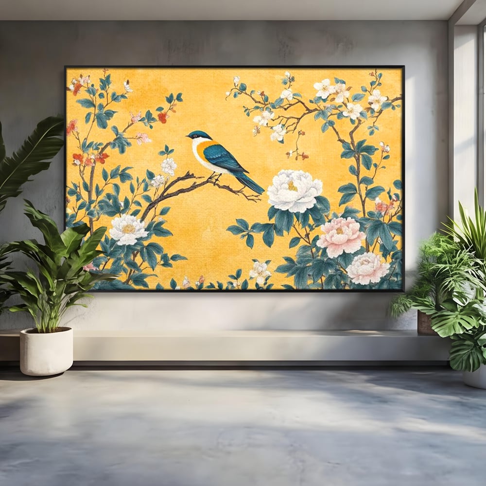 Tablou canvas cu tablou canvas cu pasare pe creanga si bujori, in rama de aluminiu negru